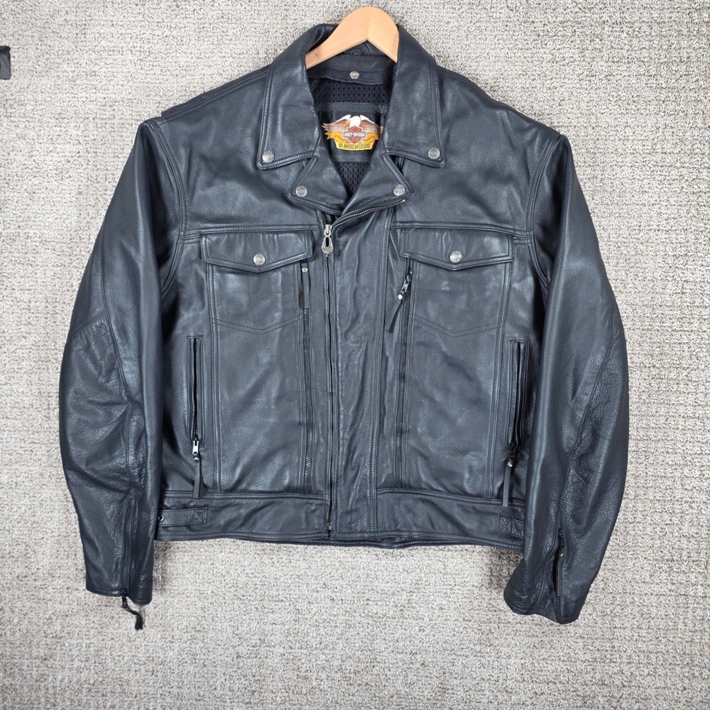 Harley Davidson Mens 2XL Black Leather‎ Motorcycle Riding Jacket Vented